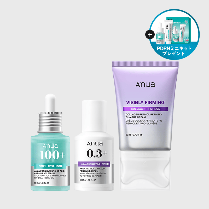 アヌア Anua SET 【8月限定】 ＼何歳に見える？セット／(PDRN美容液＋レチノール美容液＋かっさクリーム)++(PDRNセラム10ml + PDRNクリーム10ml) SET1097